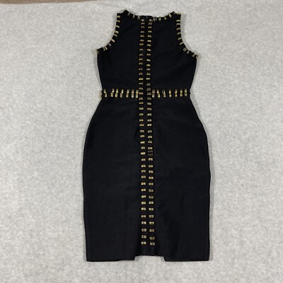 Bandage Bodycon Dress Womens 6 Black Gold Trim Cutout Cocktail Party MAAC  London | eBay