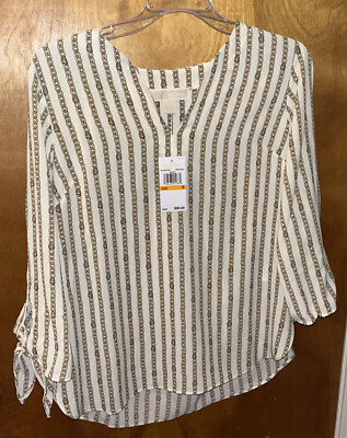 Michael Kors Bone/Gold Size Small Blouse Gold Chain Detail with Wrist Tie  Bow