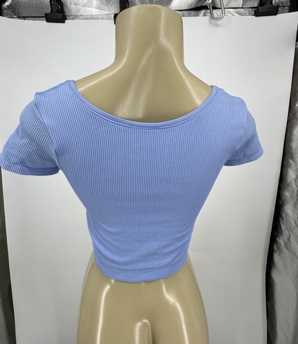 Athleta Girl XL - L Kids Pullover Cropped Top Blue Short Sleeve Ribbed 22-16 - Picture 3 of 8