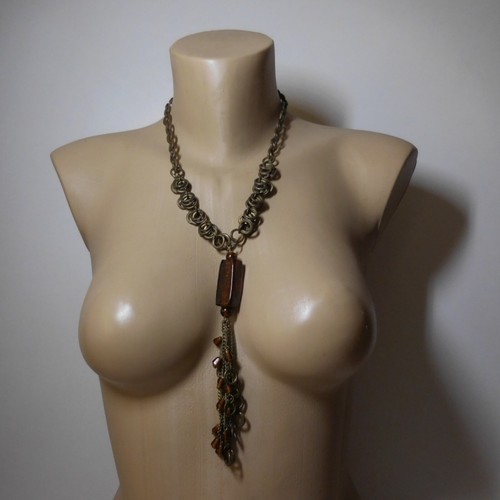 N24.307 Collana Metallo Bronzo Rame Ottone Perla Resina Ambra Fibbia Moschettone