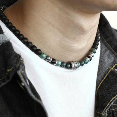 8MM 18'' Black Matte Polar Jade Bead Necklace Stainless Steel Toggle Clasp Choker