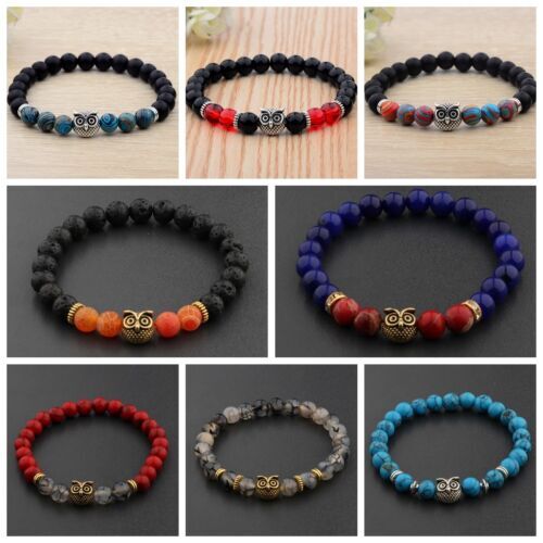Men's Owl Spot Natural Lava Stone Gold Silver Owl Beaded Unisex Bracelets 7.5'' - Picture 3 of 12