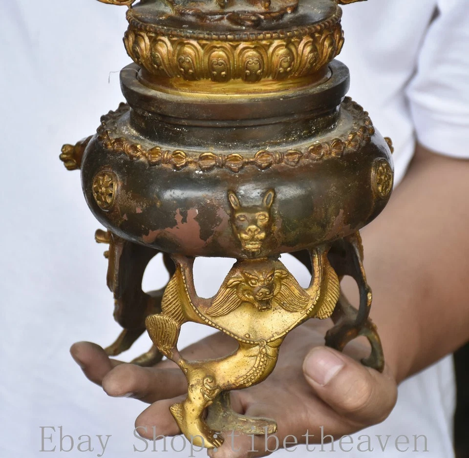 Queimador de incenso tibetano antigo dourado Mahakala Wrathful Deity Beast 12 " - Imagem 3 de 4