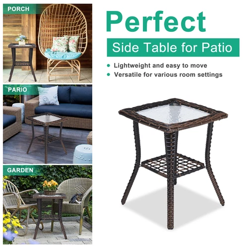 Outdoor Wicker Side Table,Rattan End Table with Glass Top,Patio Coffee Bistro US - Picture 6 of 9