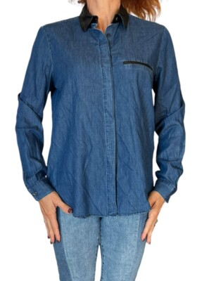 ZARA  Z1975 DENIM WOMEN'S BUTTON UP TOP  BLOUSE BLUE LYOCELL LEATHER COLLAR M