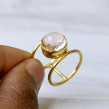 Rose Cut Light Pink Quartz Gems Sterling Silver Yellow Gold Plated Gift Ring