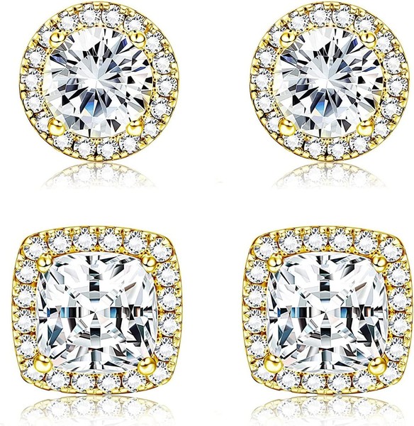 Ohrstecker Silber 925 Hypoallergen Cubic Zirkonia Vergoldet Rund Quadrat Set-image