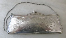 Antique Art Nouveau Silver EPNS Engraved Etched Green Lining Card Case Purse