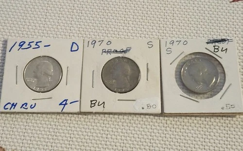 Three  quarters BU. one 1955D, two 1970 S 55 90%  silver