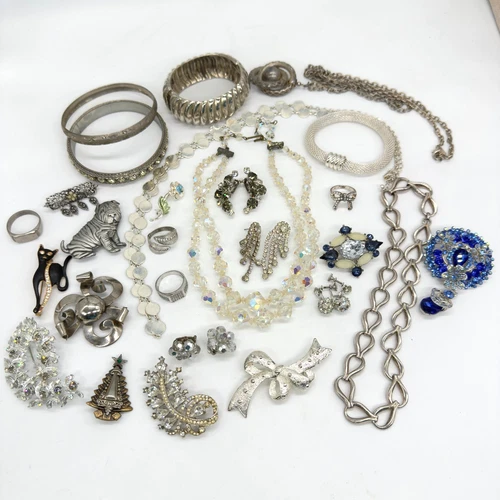 Vintage Silver Tone Jewelry Lot 27 Pieces Rhinestones Crystal