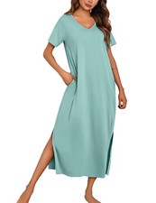 Women Long Nightshirt Summer Cotton Nightgown Short Sleeve Pajama Dress Sleep...