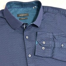 Bugatchi Shaped Fit Button Up Shirt L Geometric Blue Teal Flip Cuff Long Sleeve