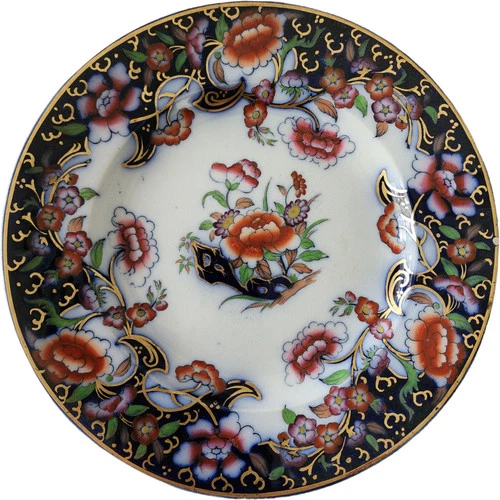 Antique Ridgway & Abington Smyrna Ironstone Plate Flow Blue Polychrome Floral & 