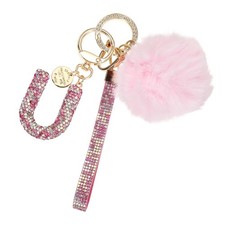 Initial Letter U Keychain with Pom and Rhinestone Wristlet, Pink