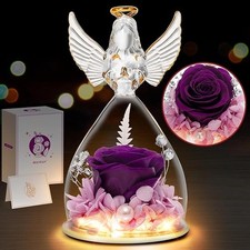 Glass Angel Figurine w/ Preserved Purple Rose LED Light Up Gift for Mom/GM  GF
