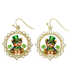 St Patrick's Day Puppy Dog Bezel Earrings Dangle/Drop Silver Gold Rose Gold Tone