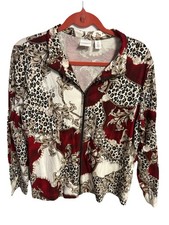 Weekend Chico Women  s Size 3 16 Jacket Full Zip Knit Pockets Red Animal Print