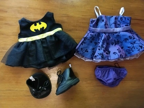 Build a Bear Clothes Purple Fancy Dress, Batman Costume, Black Hightop Shoes LOT