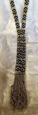 Loomed Beaded 36  Long Black Gold N White Necklace With Chain Tassel Regalia