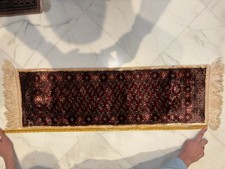 Set of 2 Small Oriental Runner Rugs Art Silk Burgundy Red Geometric Fringed Mats