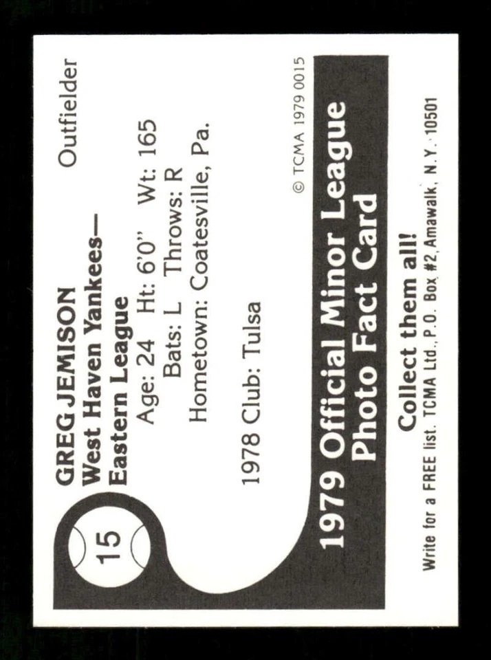 1979 TCMA West Haven Yankees 15 Greg Jemison exmt to NM BXCP55 - Image 2 of 2