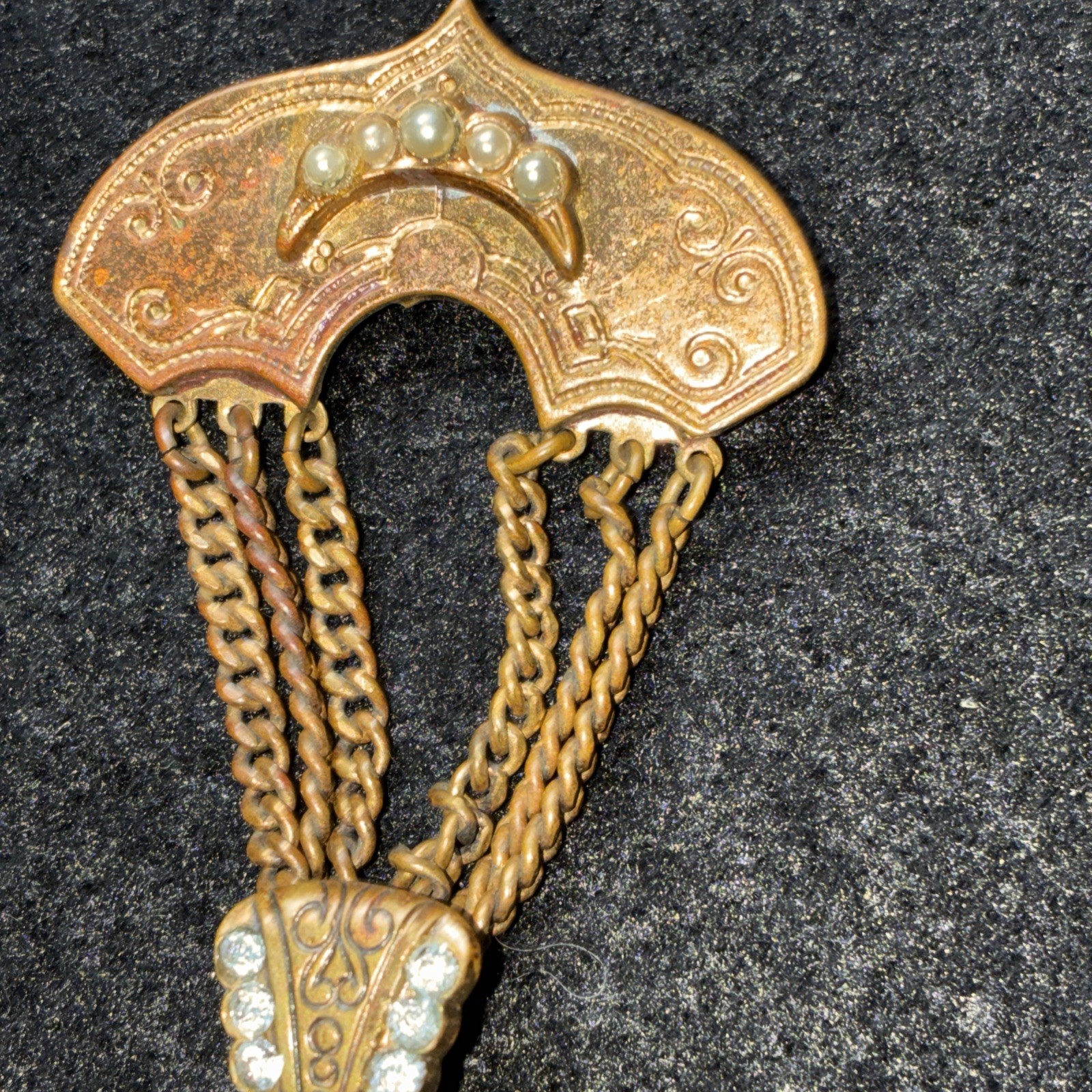 Vintage Victorian Revival Festoon Brooch Pendant Pearl Paste Brass Necklace