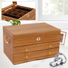 Large Capacity Wooden Jewelry Box W/ Safe Lock 3 Layers Retro Storage Organizer