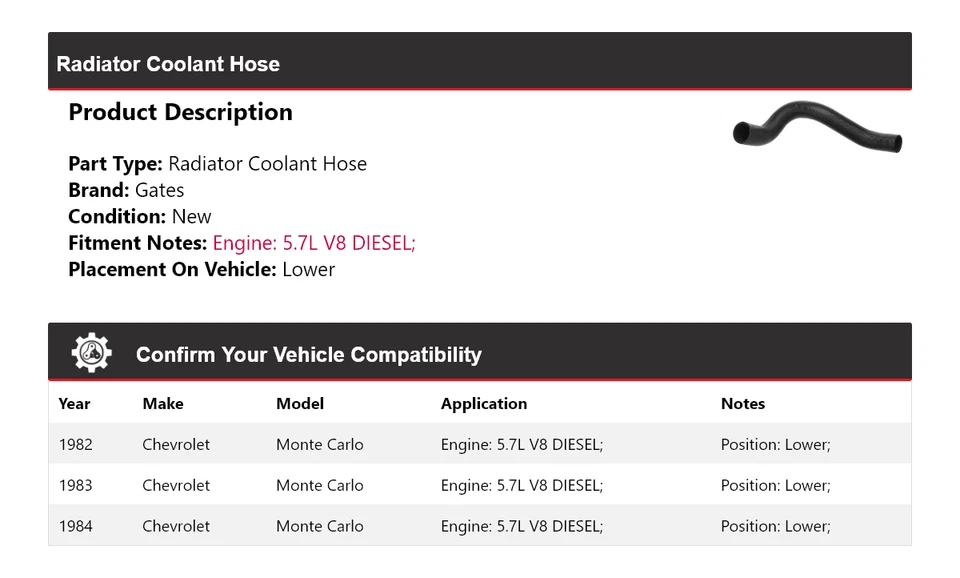 Manguera de refrigerante de radiador puertas inferiores 1983 para Chevrolet Monte Carlo 1982-1984 Foto 2 de 4