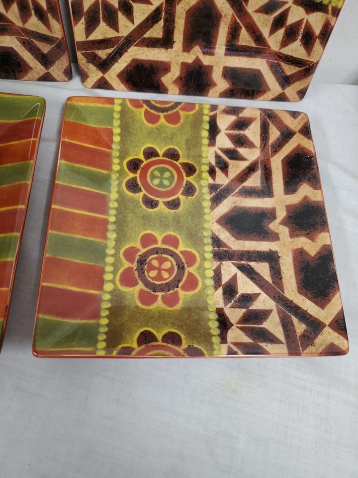 Rio (4) Tabletops Gallery Square Salad Plates 8 1/4" Orange Green Rust - Image 3 of 4