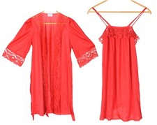 Vintage Lorraine Red Lace Trim 2 Pc Nightgown Robe Peignoir Set Small NEW w Tags