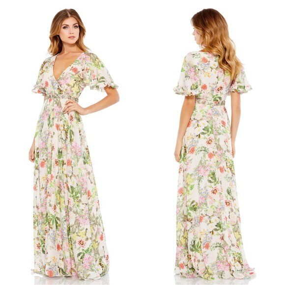 Mac Duggal 9079 Floral Print Faux Wrap Flutter Sleeve A-Line Gown Size 6 NWT | eBay Mac Duggal 9079 Floral Print Faux Wrap Flutter Sleeve A-Line Gown Size 6 NWT | eBay