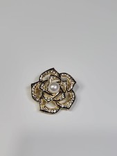 Camellia Flower Brooch Lapel Pin Large Faux Pearl Outlined in Faceted Faux Gems