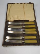 VINTAGE Silver Plated (EPNS) Tea/Butter Knives Faux Snakeskin Case Brown Handles