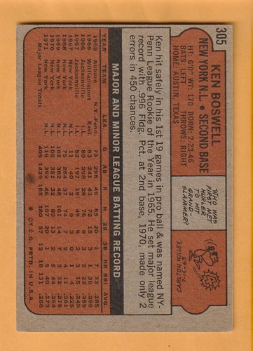 Ken Boswell New York Mets 1972 Topps #305 Austin Texas Sam Houston State - Picture 2 of 2