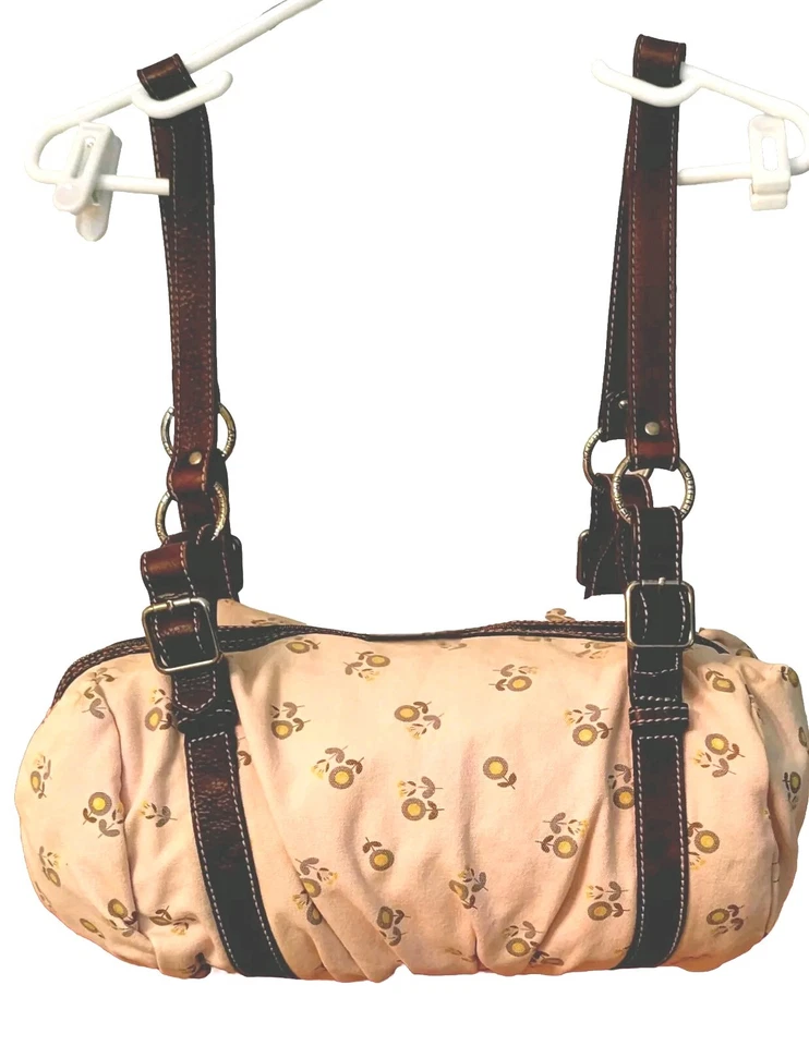 American Eagle Outfitters Y2k Hobo Duffle Shoulder Bag Beige Floral Leather Strp - Image 2 of 4