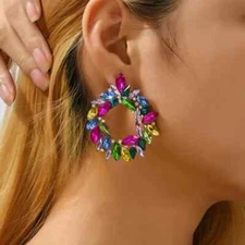 Rhinestone Crystal Hoop Earrings Multi Color Rainbow Pink Green Yellow Blue