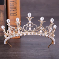 6cm Tall Gold Pearl Crystal Wedding Queen Princess Prom Tiara Crown For Women