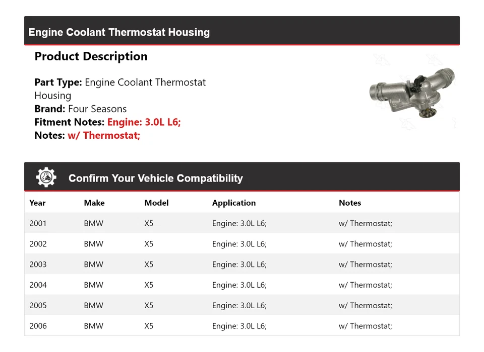 适用于 2001 - 2006 年宝马 X5 3.0L L6 发动机冷却液恒温器外壳 2002 年 4 季 — 第 2/4 张图片