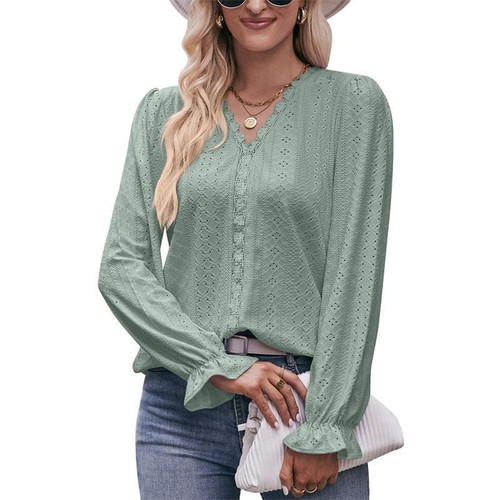 T-shirt Solid Color Hole Lace Women's Clothing V-neck Long Sleeve Top Fashion - Picture 15 of 23