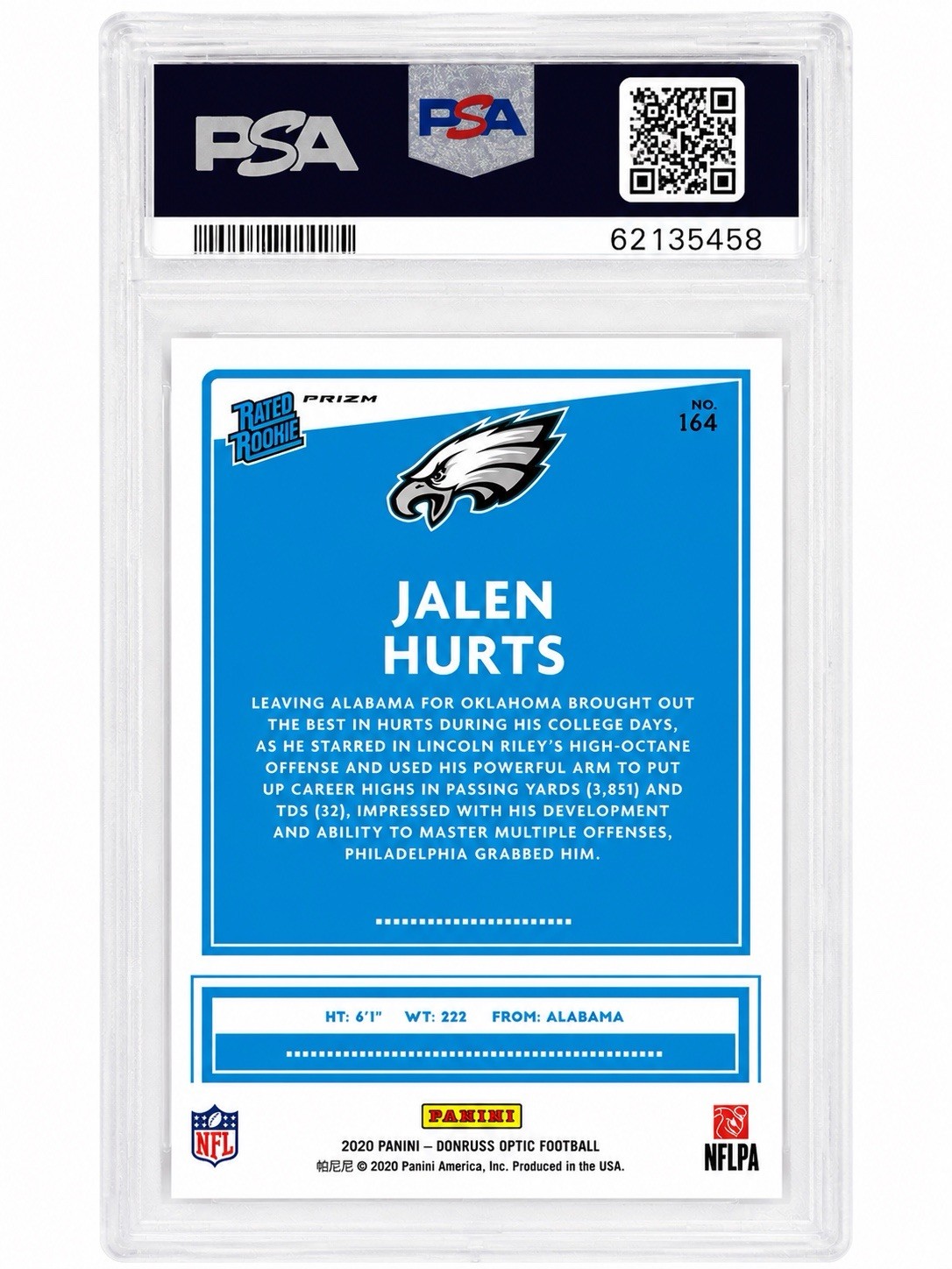 2020 Panini Donruss Optic Jalen Hurts Rated Rookie Blue Scope Prizm #164 PSA 10 view 2