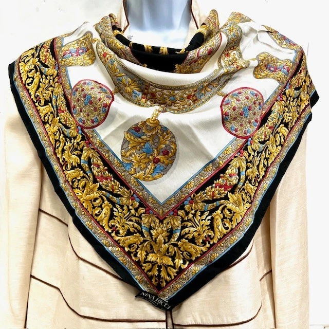 (3) Bufanda de seda Nina Ricci París Francia 100 % floral azul negro dorado 34" (Selecciona 1 Foto 2 de 4