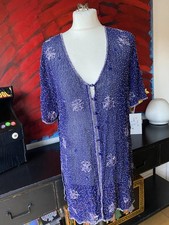 Atemberaubende blaue glitzernde stark perlenbesetzte Bluse Gr&ouml;&szlig;e 16 Top Zustand