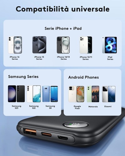 Power Bank 22.5W 10000mAh Ricarica Rapida Caricatore Portatile iphone QC 3.0 USB - Foto 17 di 24