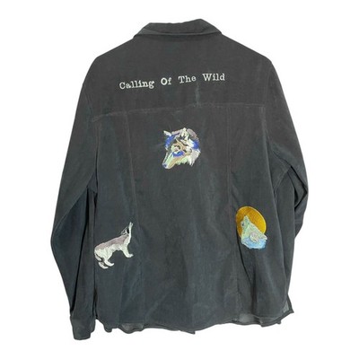 White Stag XL Black Button Down Shirt Wolf Embroidery Calling Of The Wild Cabin