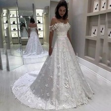 White Wedding Dress A-Line Lace Off Shoulder Long Bridal Dress Butterfly Pattern