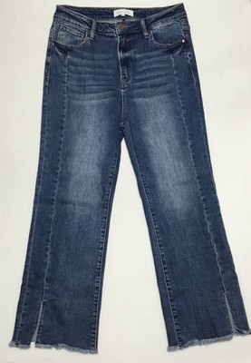 Risen High Waist Straight Leg Jeans 15 / 32 Blue Dark Wash Front Seam Raw Hem