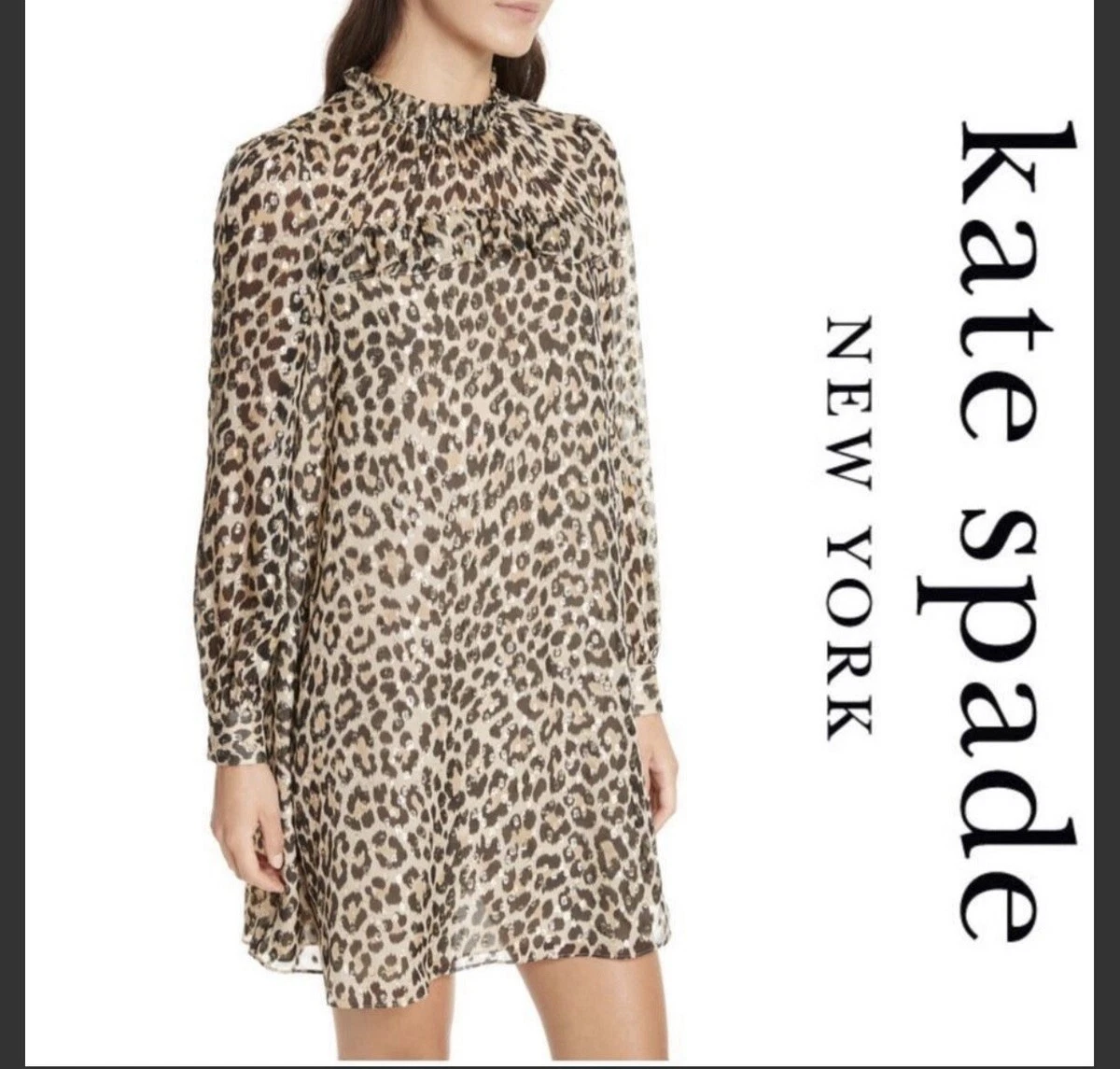 Abito a tubino Kate Spade New York seta chiffon metallizzato leopardato taglia 2 mini oro