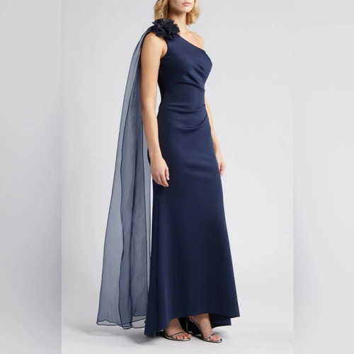 Eliza J Women One Shoulder Jersey Gown Dress Scarf Detail Size 6 Navy Blue NWT - Picture 2 of 10