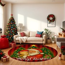 1pc Christmas Round Mat Santa Hug Red - Lightweight Polyester 100. 100, Machine-