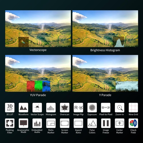 Monitor di Campo per Fotocamera 7 Pollici,1200Nit Evidenziazione Touch Screen DSLR Fotocamera Monito... - Foto 6 di 9